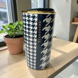 Starbucks Navy Gold Houndstooth Ceramic Tumbler 12oz 2015 EUC